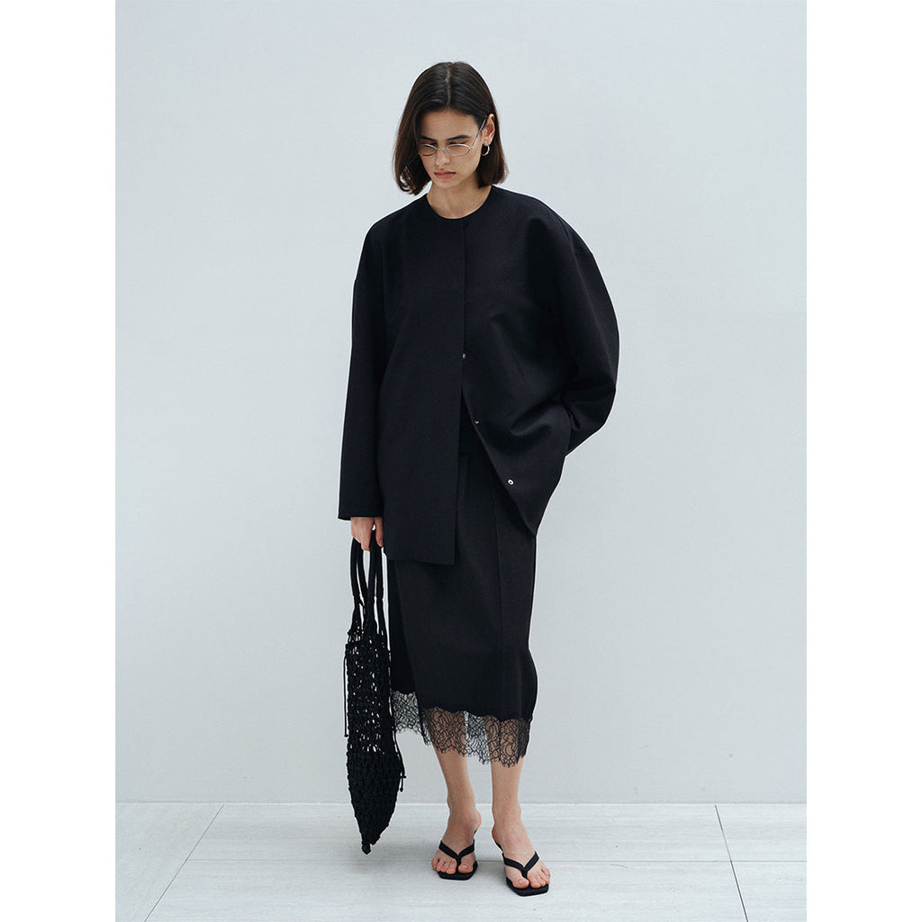 Spring minimalist tencel wool turtle back crew neck loose silhouette jacket