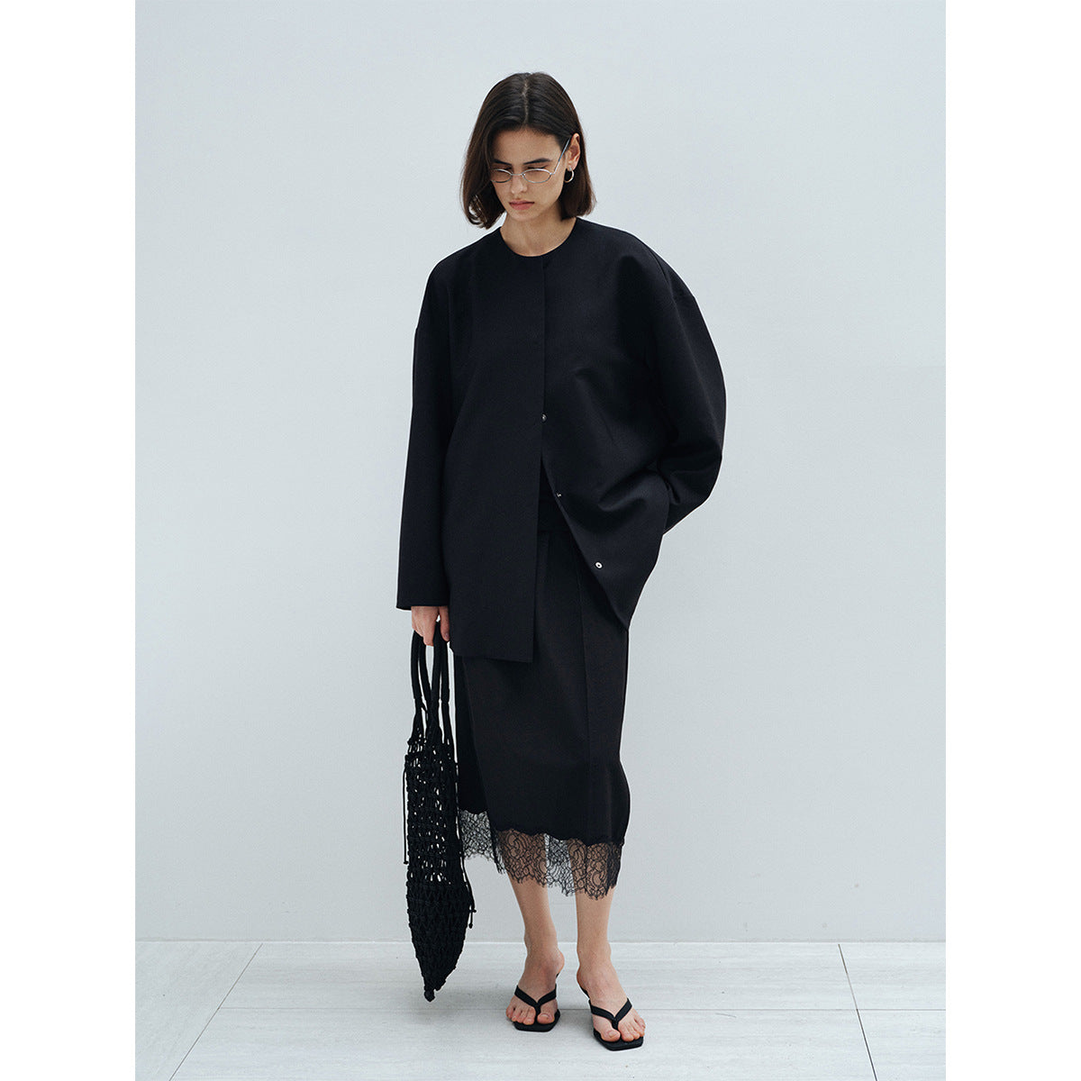 Spring minimalist tencel wool turtle back crew neck loose silhouette jacket