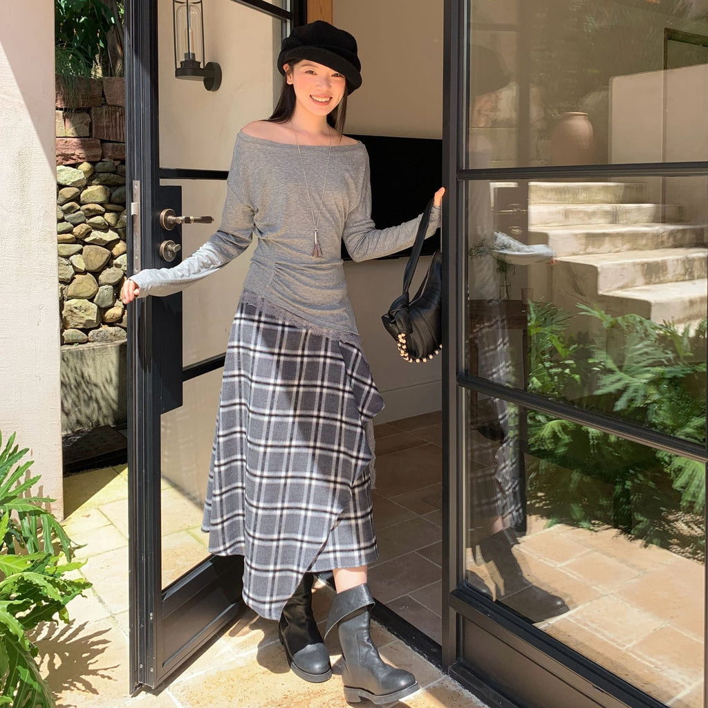 Leather buckle design irregular a word high waist plaid skirt