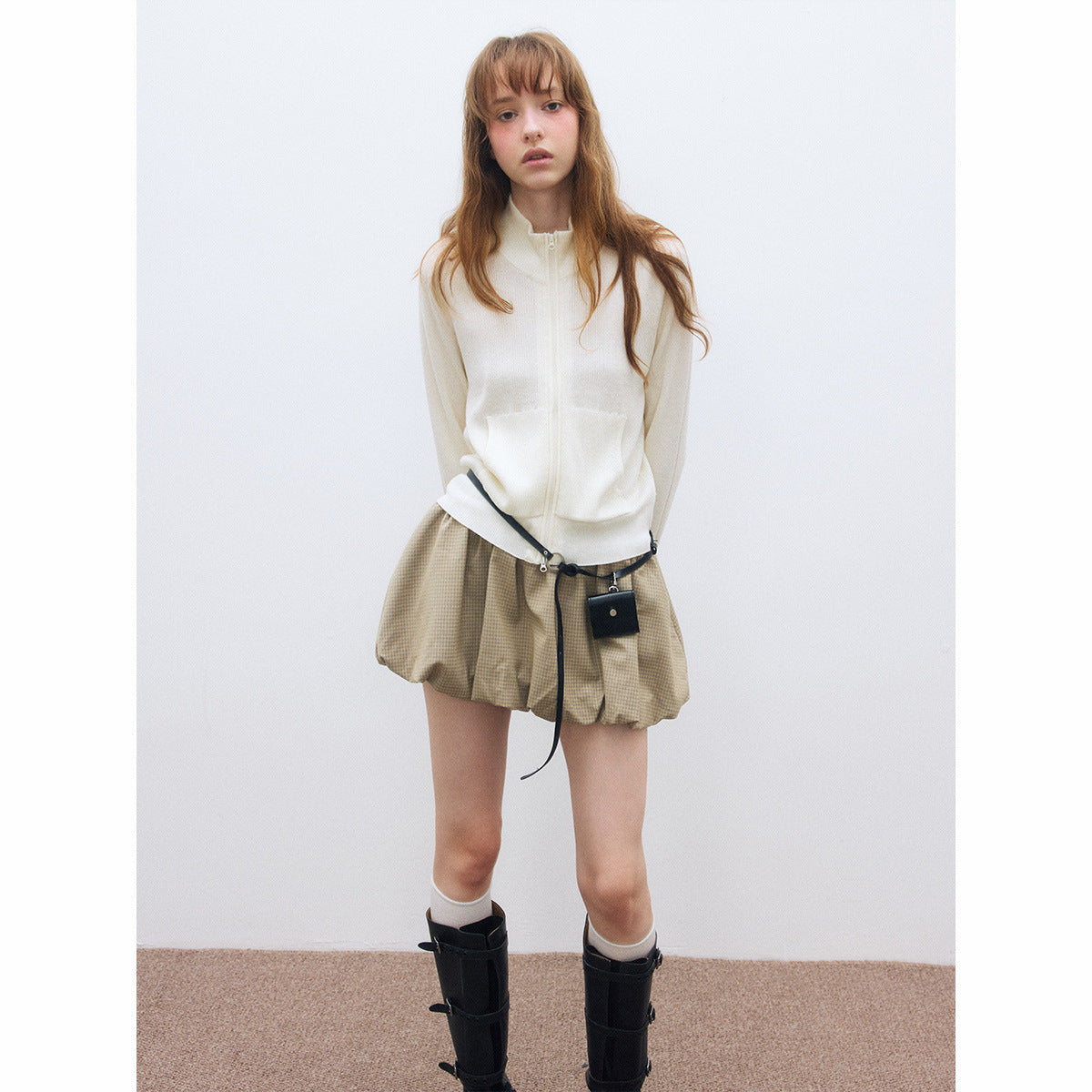 Autumn new casual wool solid color versatile stand-up collar pit strip short knitted cardigan women