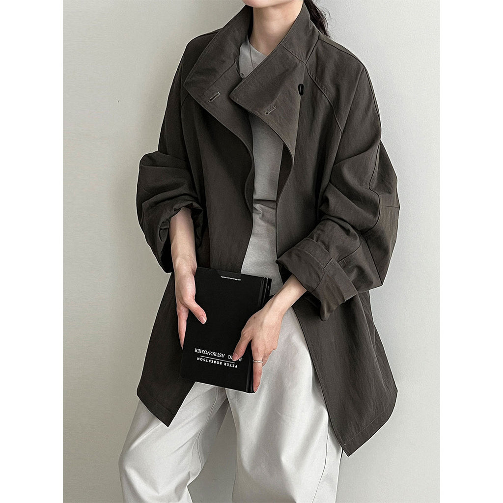British style stand-up collar silhouette cargo jacket women's autumn new lace-up midi casual trench coat
