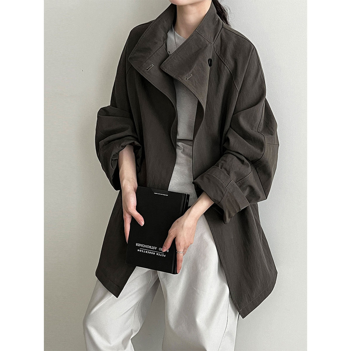 British style stand-up collar silhouette cargo jacket women's autumn new lace-up midi casual trench coat