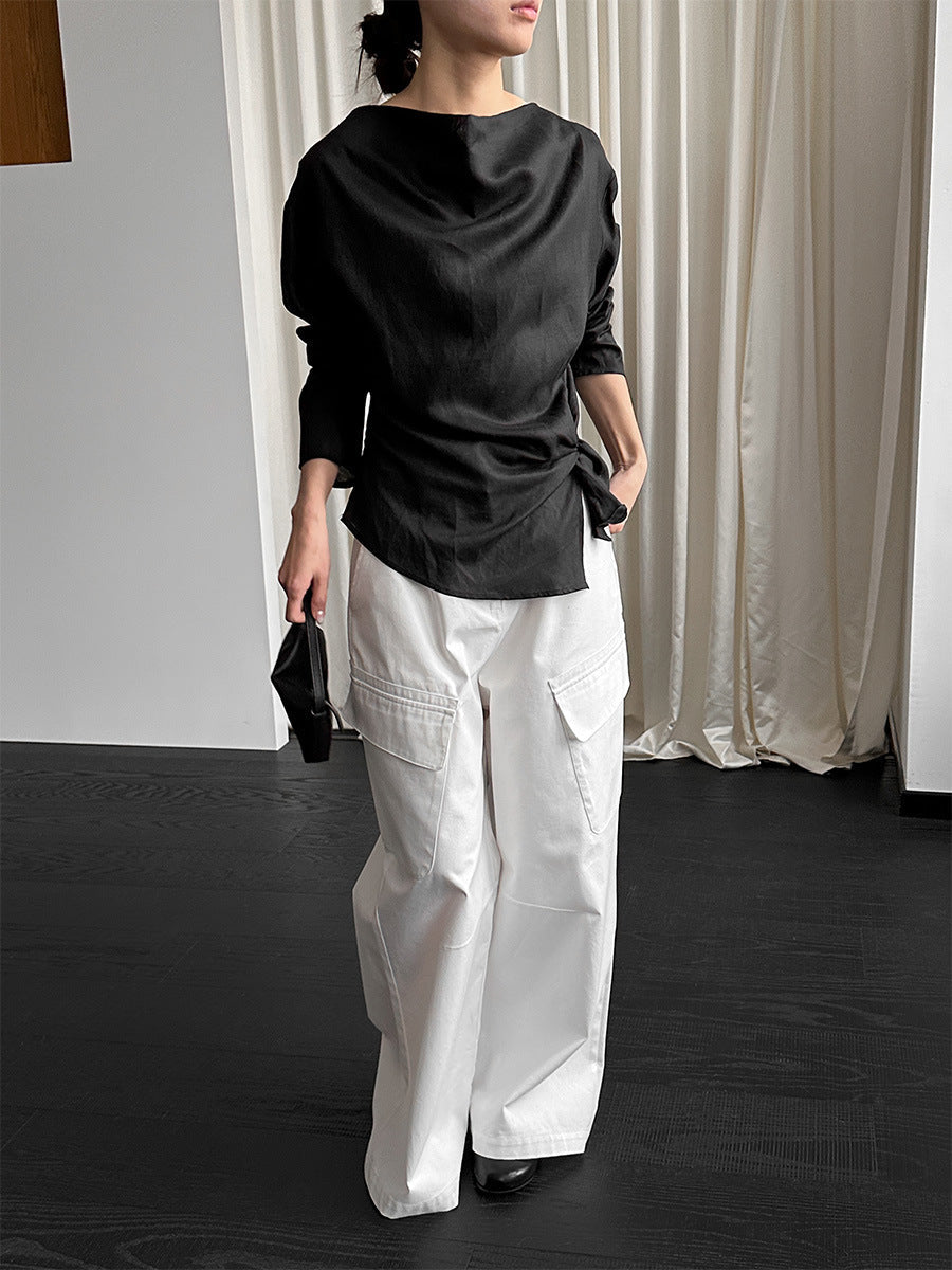 Swinging collar asymmetrical pleated lazy Tencel hemp shirt