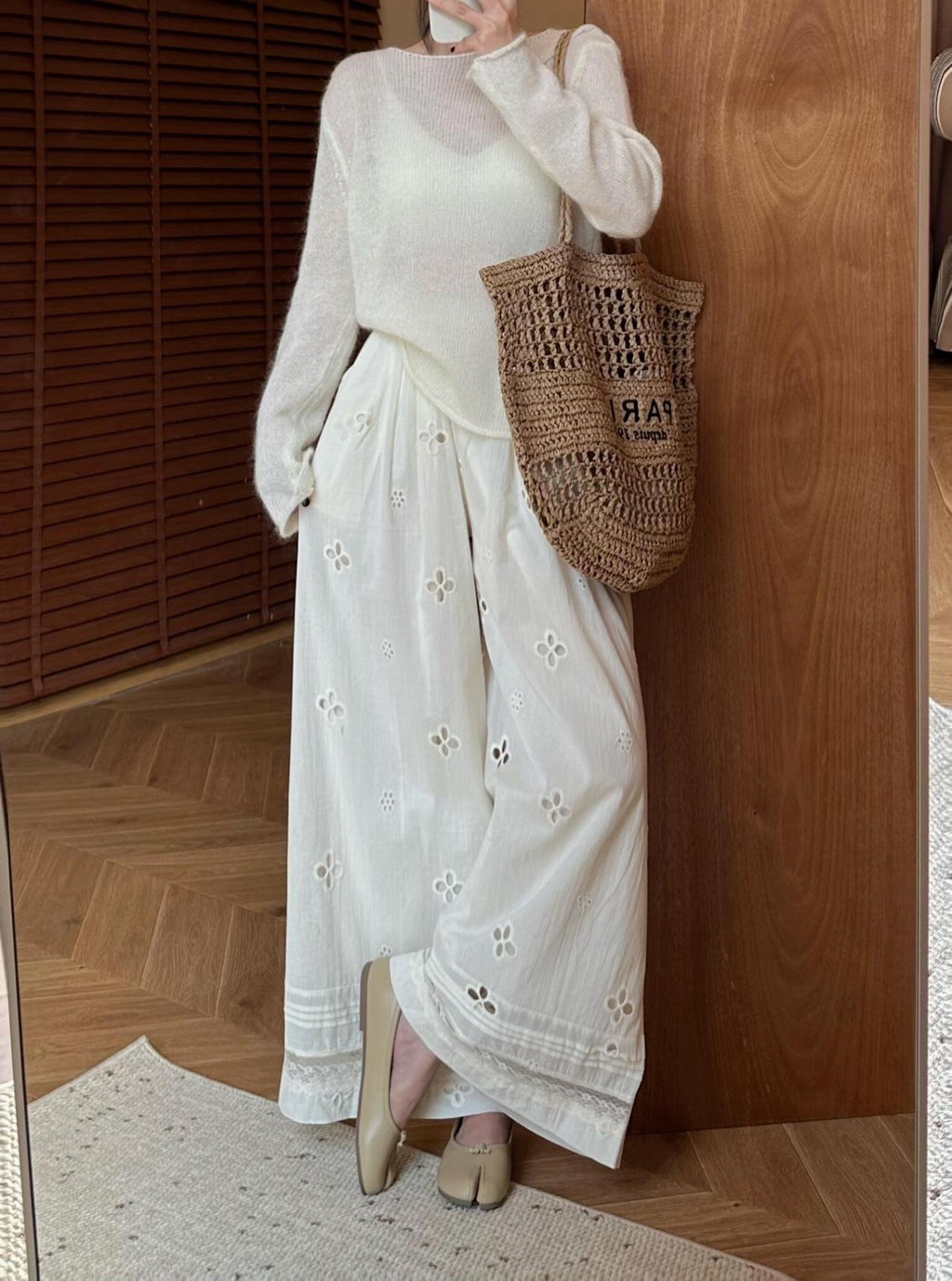 Simple daily sense hollow lace splicing loose fluttering casual sports wide-leg pants