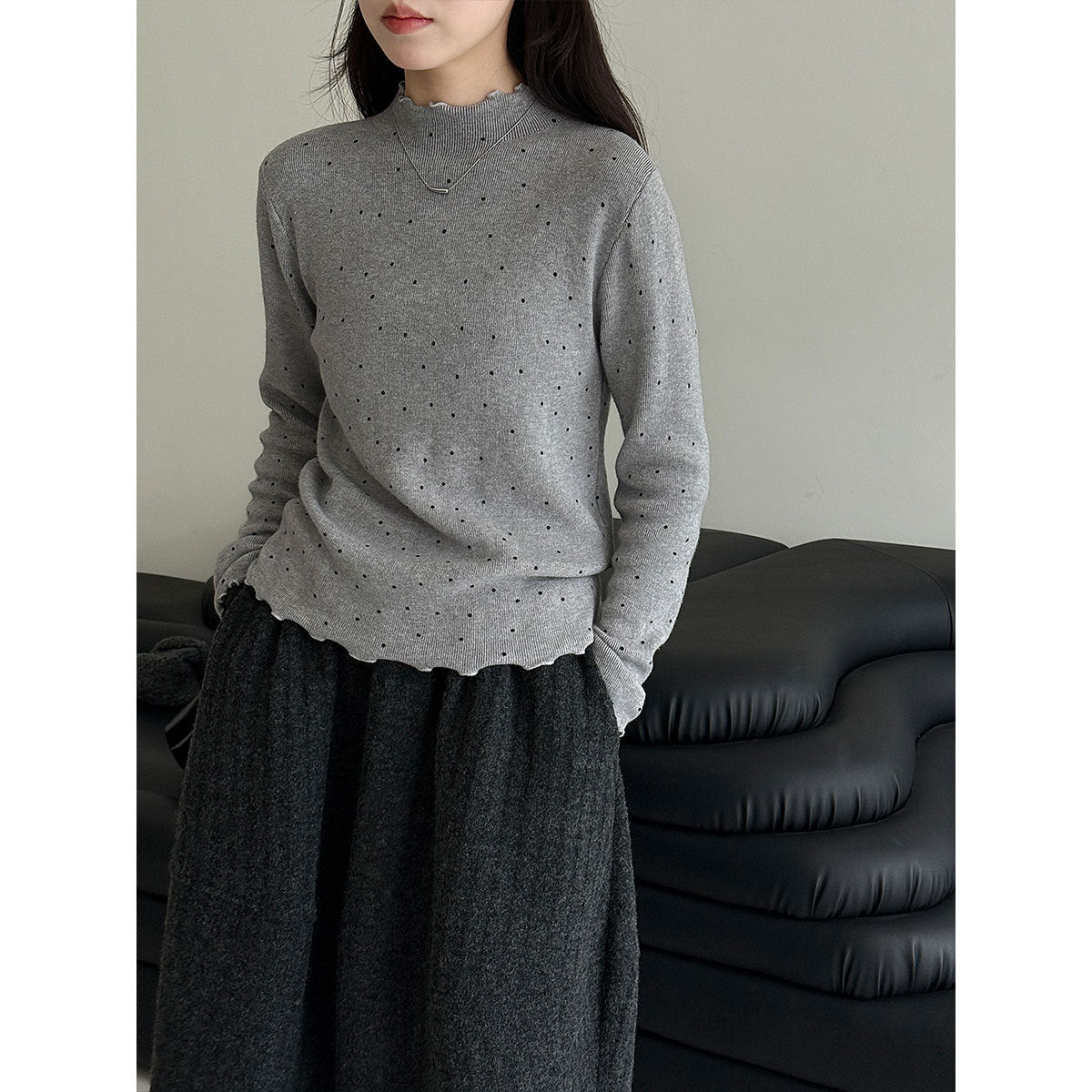 Half turtleneck polka dot elegantknitting shirt women's winter new arrival chic fungus edge inner tops