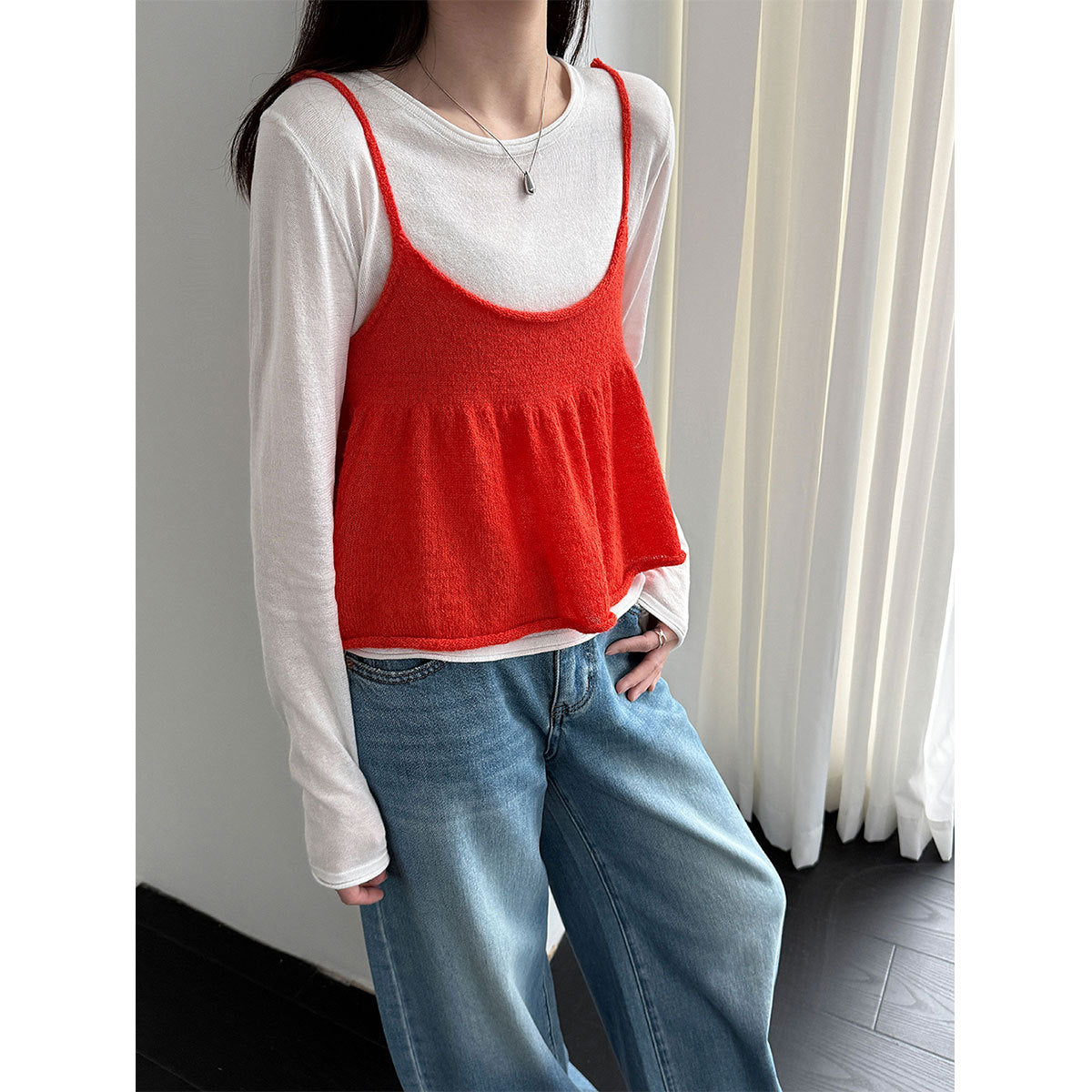 Korean gentle Tencel base + wool sling vest stacked through two-piece set