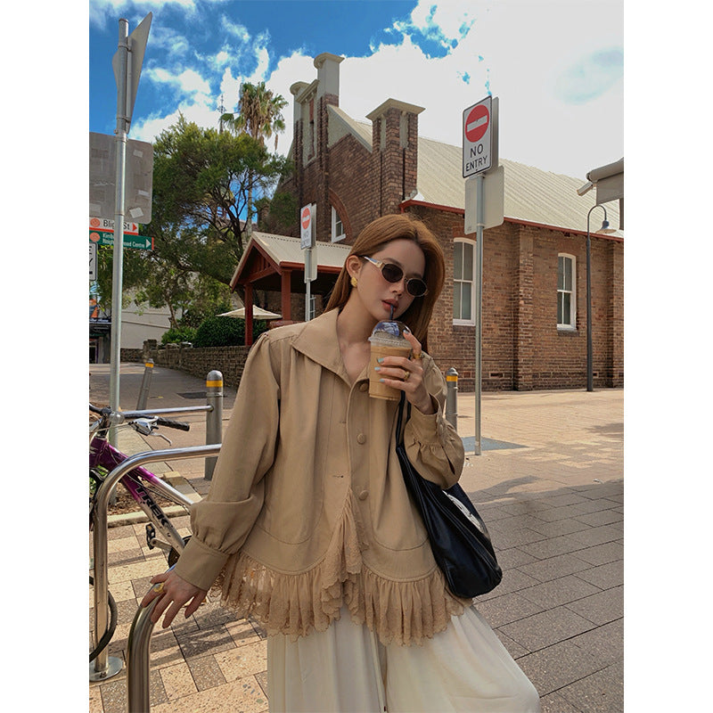 Lapel Long Sleeve Lace Stitching Short Jacket