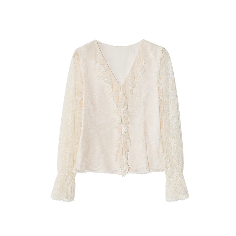 Hollow ruffle edge design embroidered lace shirt