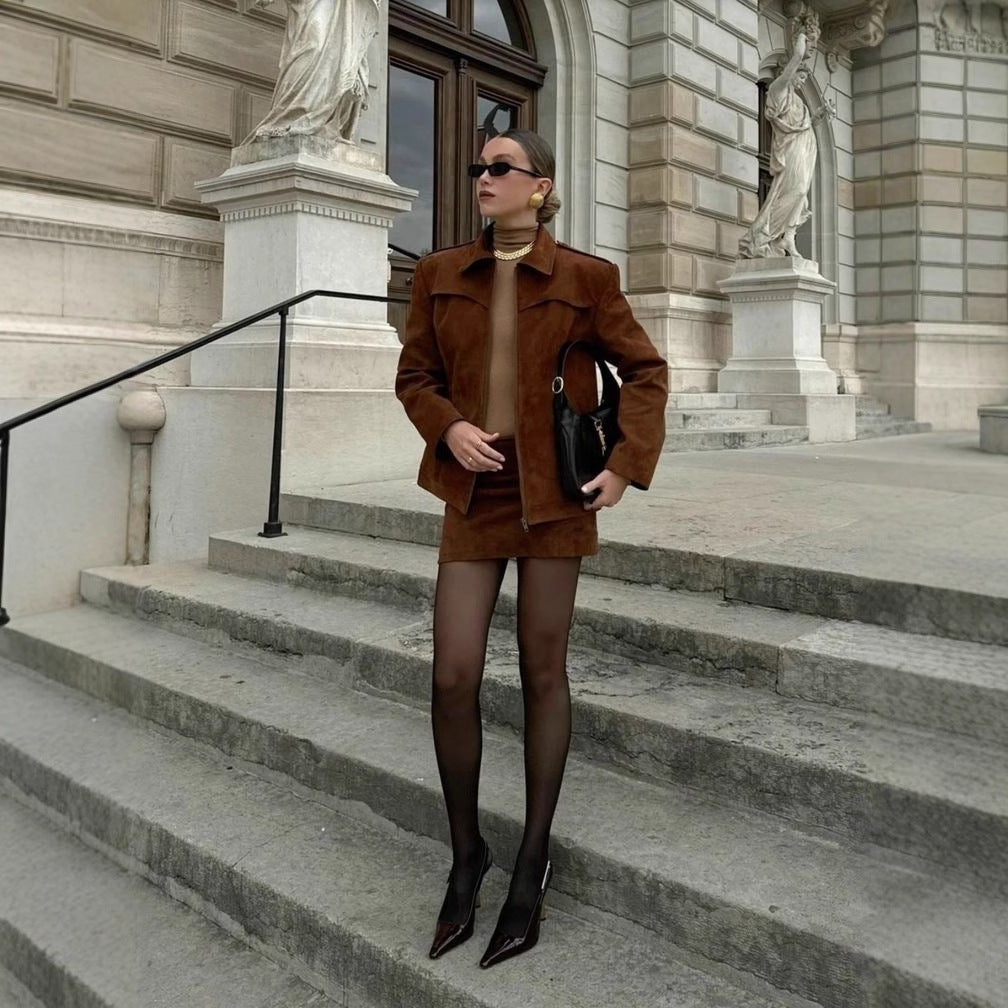 Vintage suede jacket with biker lapels cropped jacket