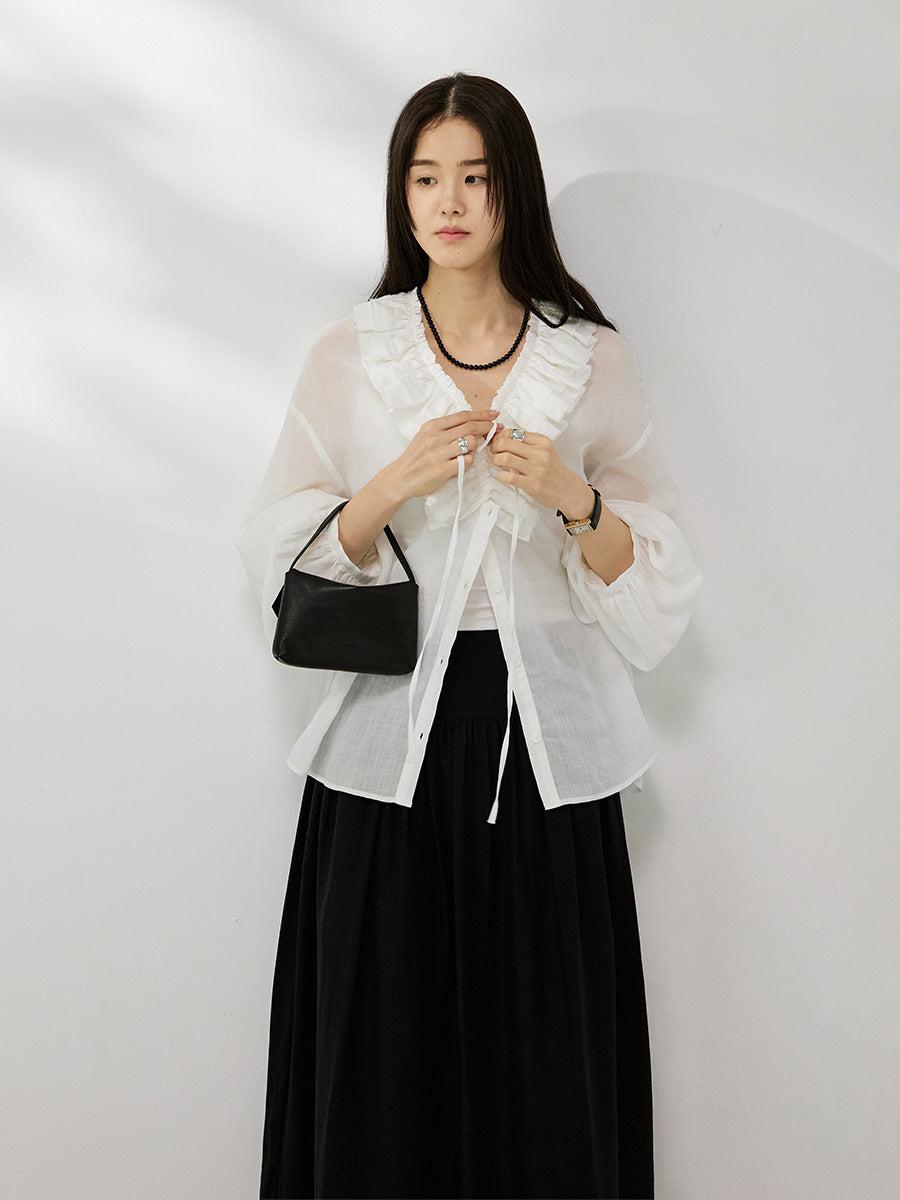 Deep V-neck handmade double-layer lotus leaf edge Tencel ramie shirt
