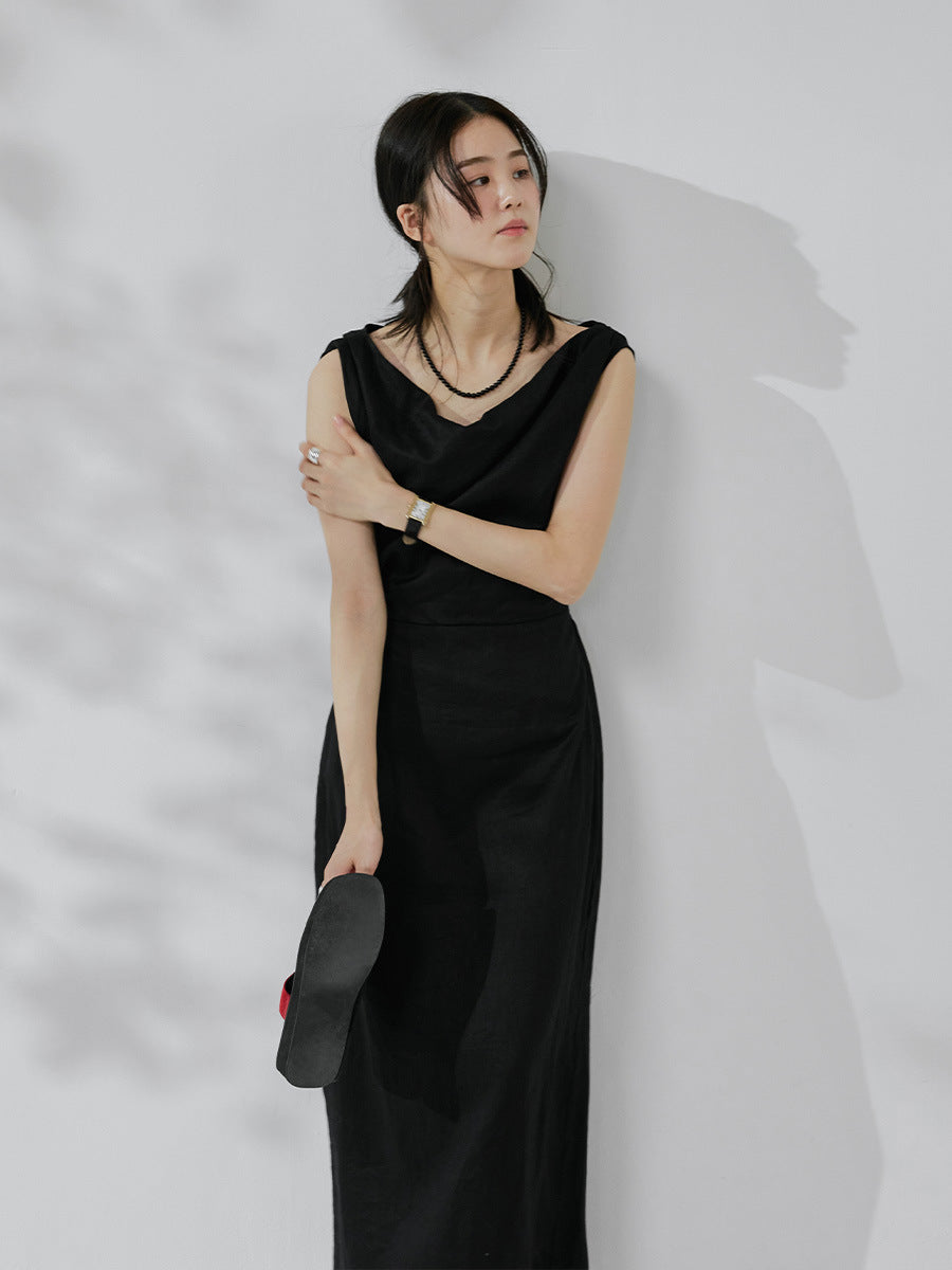 100% linen one-word shoulder dress elegant and thin summer dress
