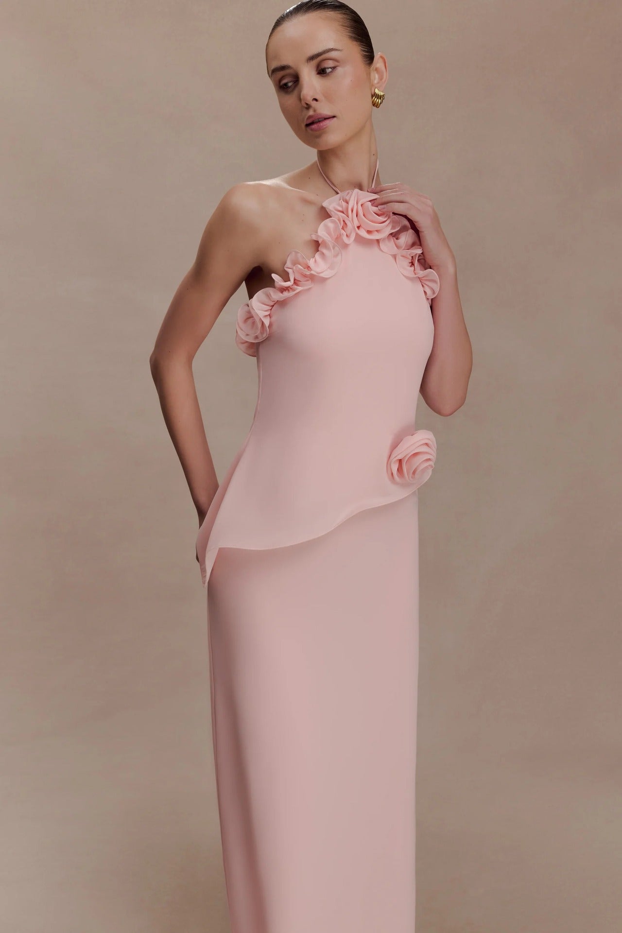 Fashion Flower Fungus Curled Chiffon Dress Vacation Style Lace Up Neck Long Dress