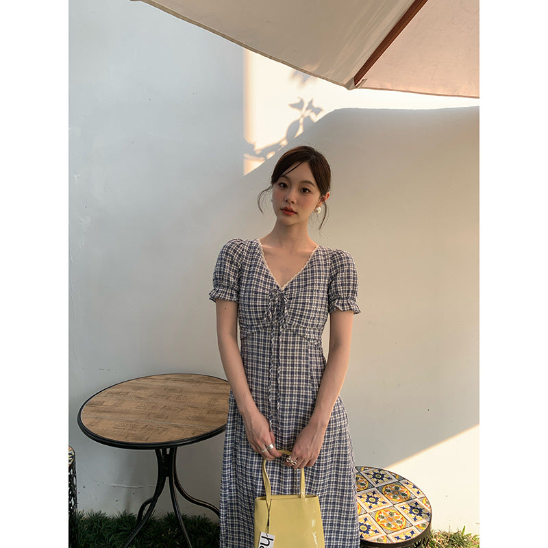 Gentle plaid v-neck high-waisted slim dress