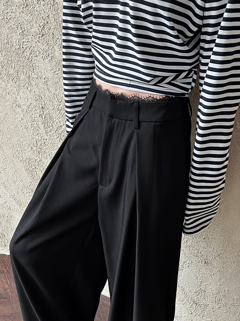 Vintage casual high-waisted lace splicing wide-leg suit pants women's spring drape straight floor trousers