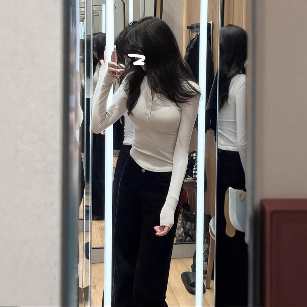 Long Sleeve Henley Shirt Women Slim Fit Elastic Knitted T-Shirt
