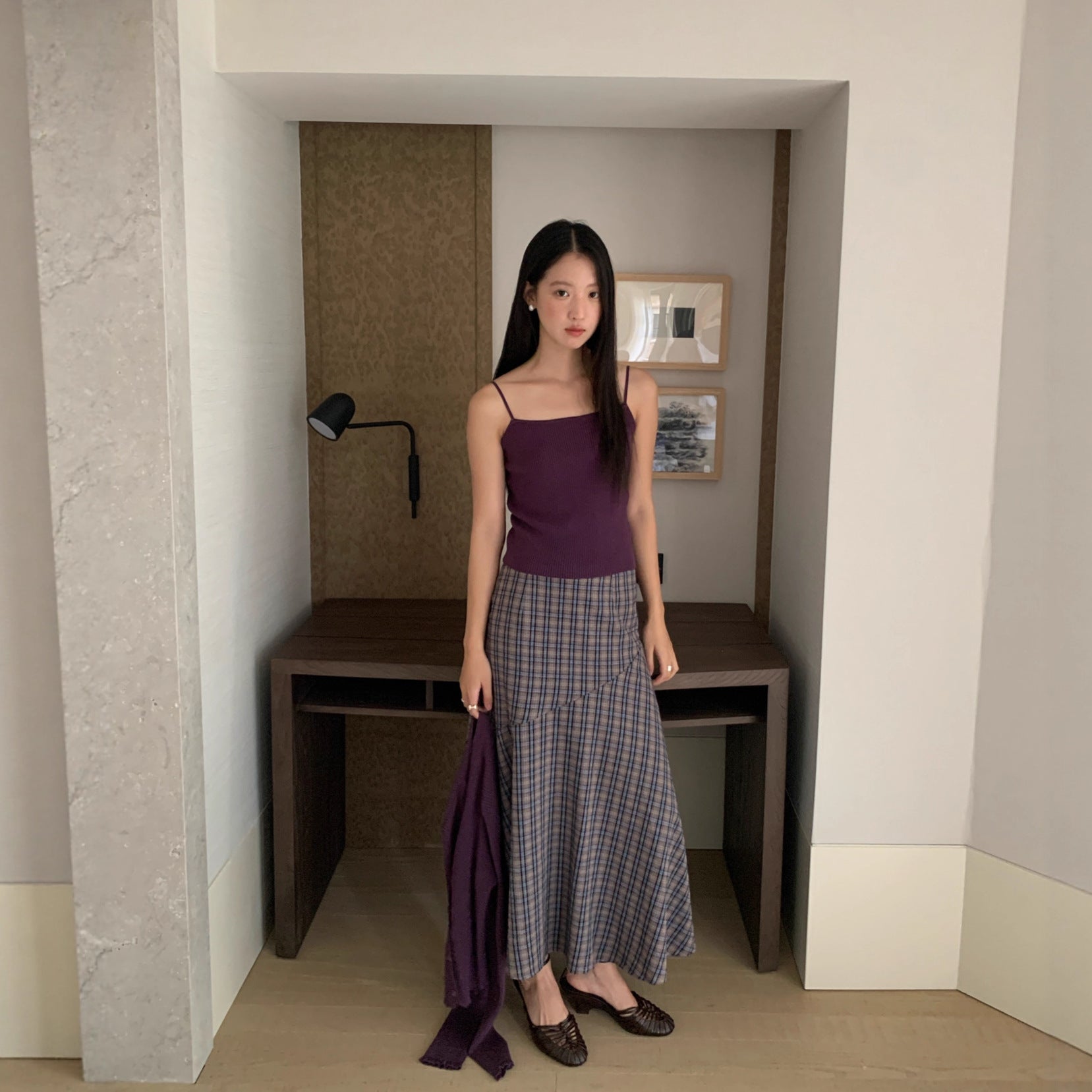 Cotton high-waisted A-line contrasting plaid skirt