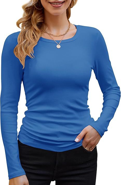 Ribbed Cotton Long Sleeve T-Shirt Women Solid Color Round Neck Slim Fit