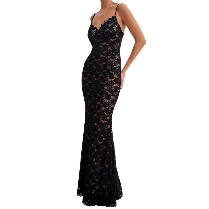 Lace suspender dress slim-fitting hollowed-out sexy hip skirt female style tight Spice girl V-neck