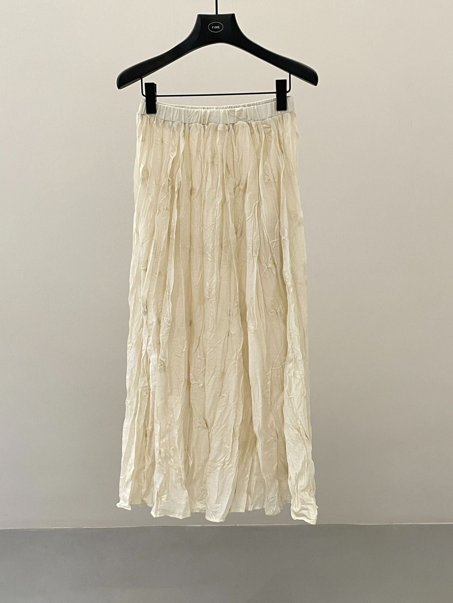 Pleated design embroidered skirt spring elastic waist thin A-shaped long skirt