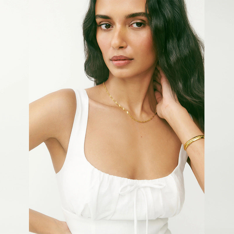 Linen white square collar pure desire style holiday style medium and long French dress
