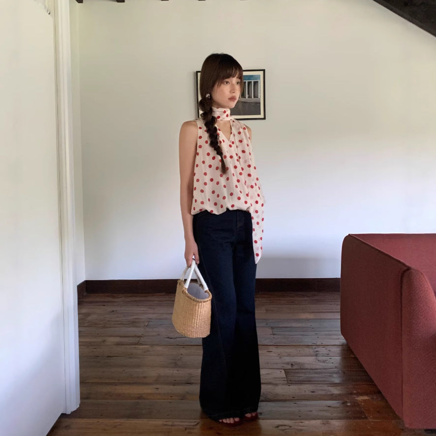 Sweet Polka Dot Tencel Neck Lace-Up Vest Chiffon Shirt