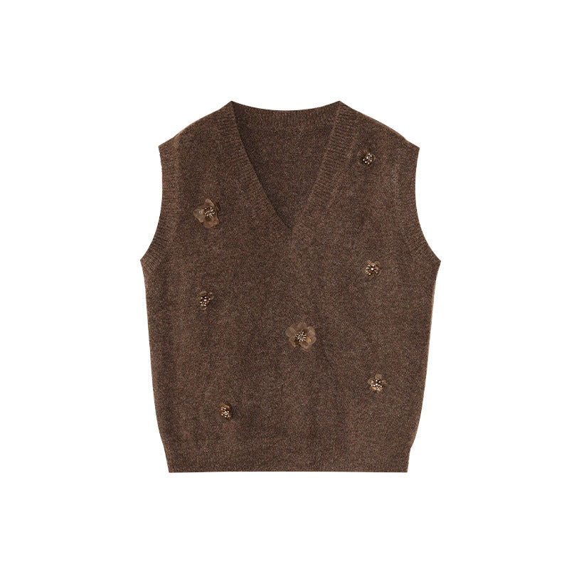 Sweet stacked three-dimensional flower wool v-neck sweater vest