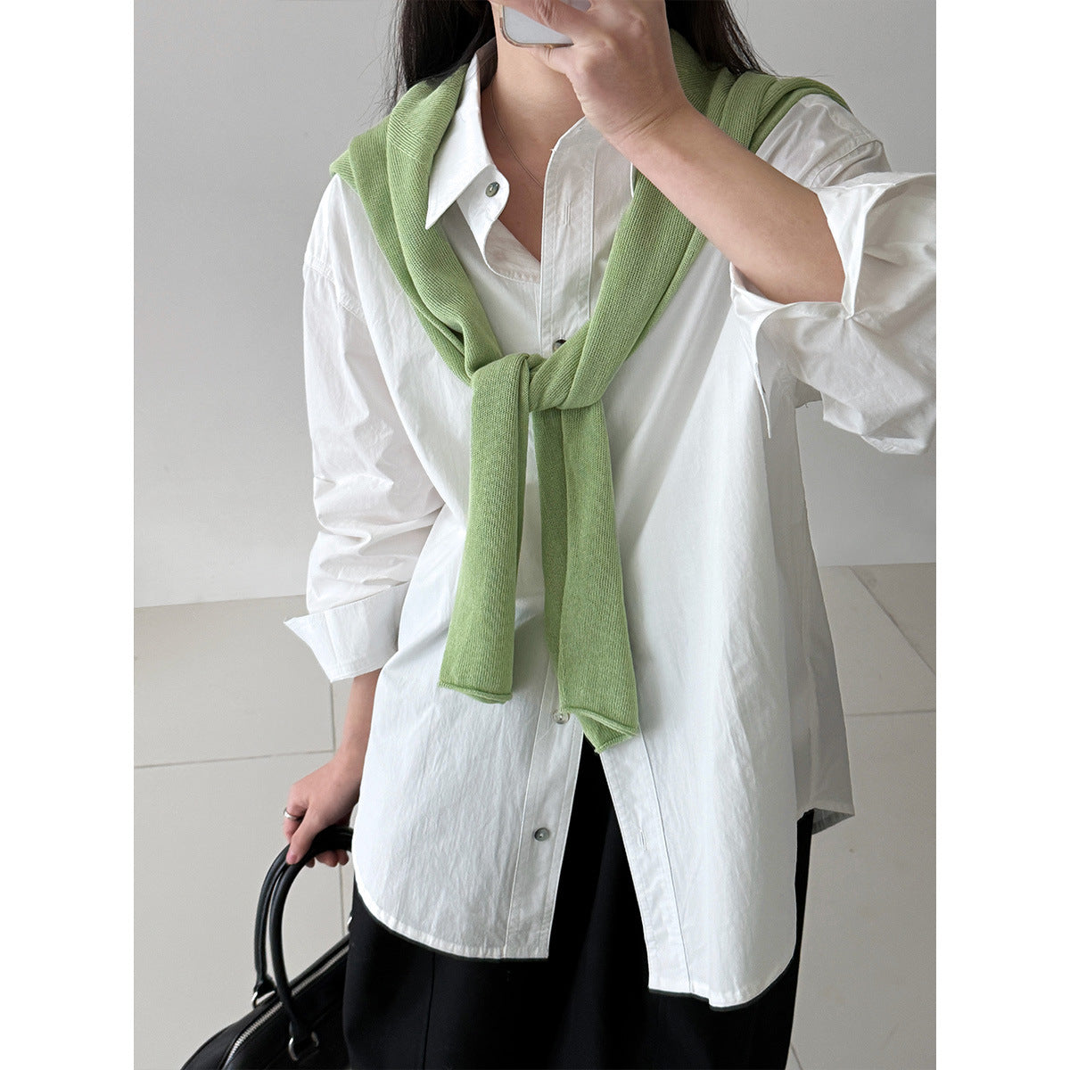Minimalist high-end design loose long-sleeved shirt women's spring back button waist top