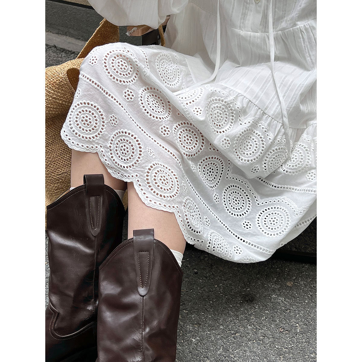 French holiday style lace-up dress spring and summer new lantern sleeves atmosphere thin long-sleeved skirt
