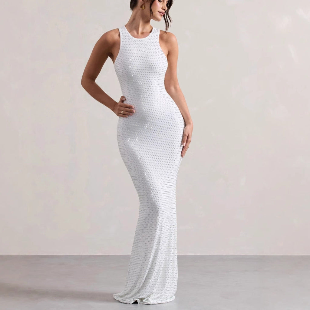 Women's custom hot diamond strap dress Spice girl hip skirt high-end light luxury floor mopping dress