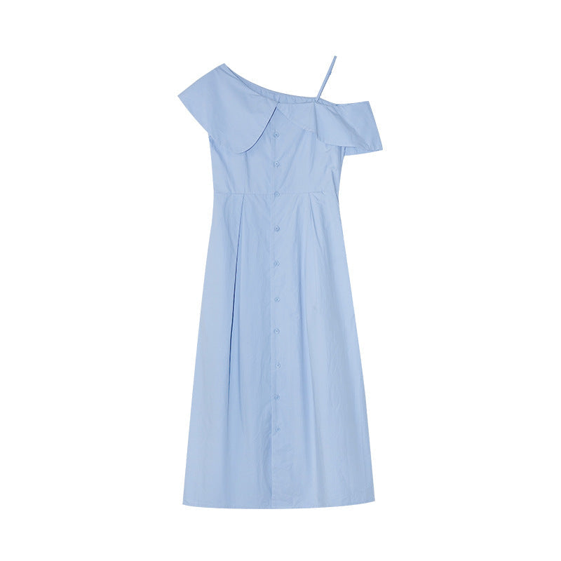 Temperament Single-breasted slanted neck ruffle edge off-the-shoulder dress