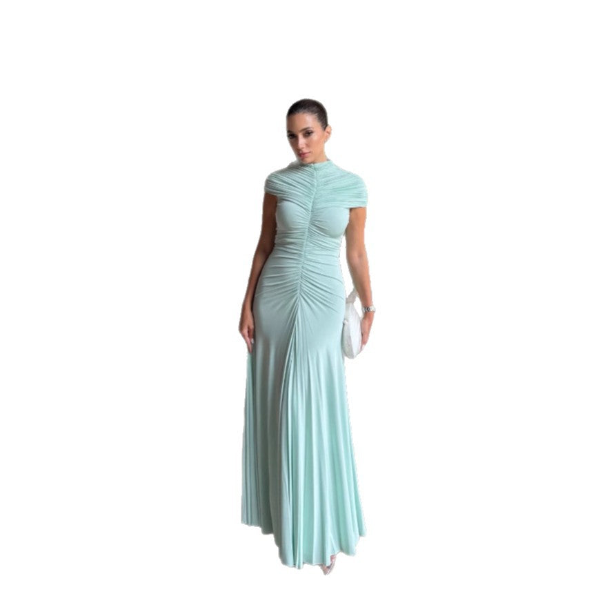 Spring new gauze mesh pleated dress temperament elegant slim hip wrap dress