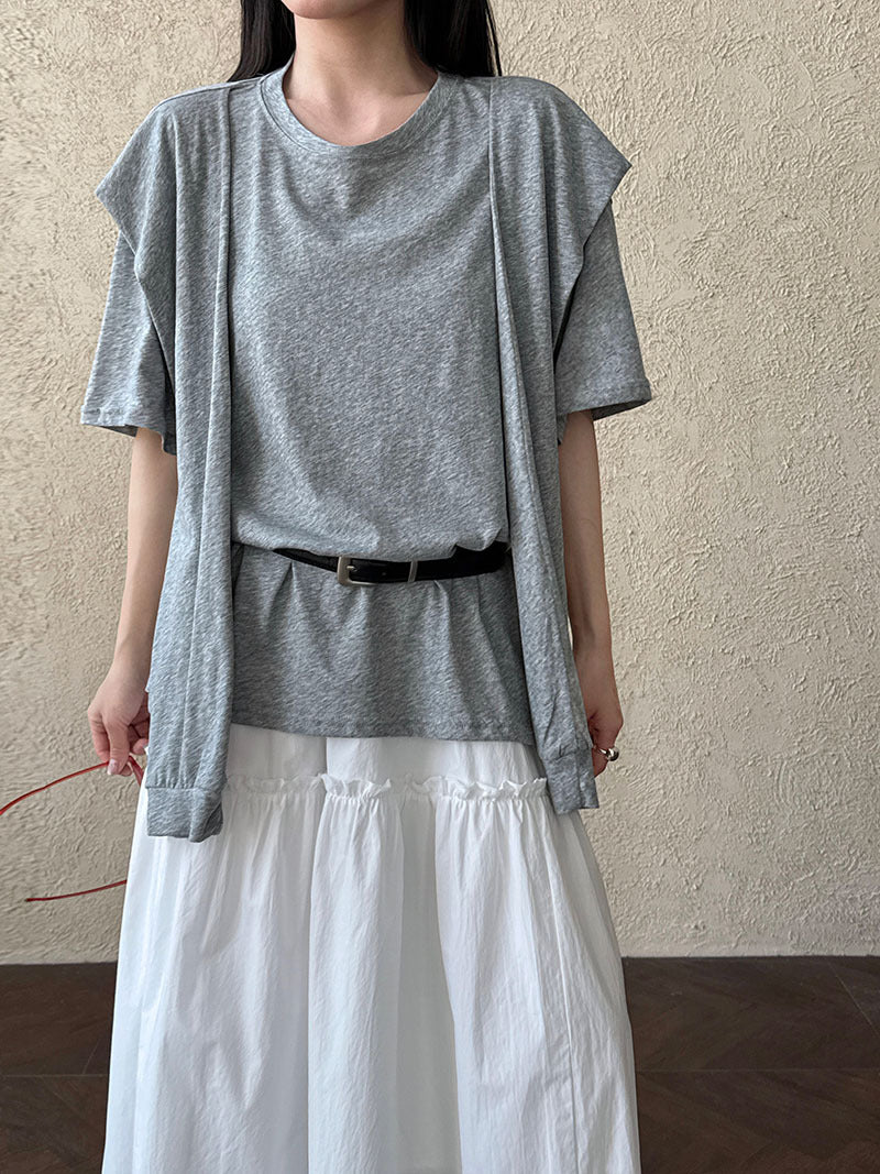 Korean simple fashion shawl fake two-piece T-shirt women's spring and summer new products age-reducing stacked short-sleeved top