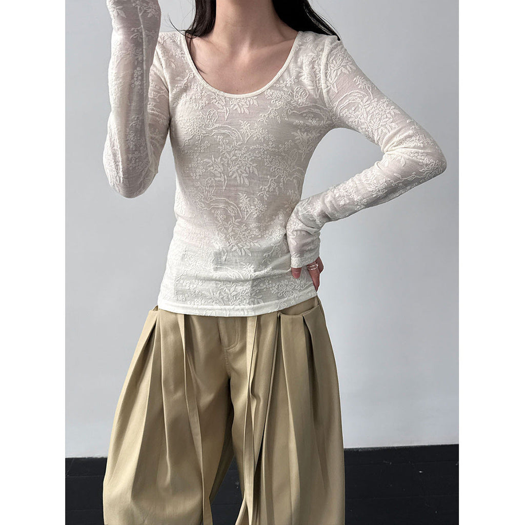 Gentle heavy industry jacquard big U-neck slightly transparent texture bottoming shirt women's spring new temperament top