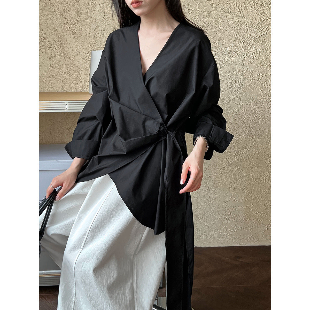 Autumn Korean irregular waist strap shirt women's casual niche design one-piece top