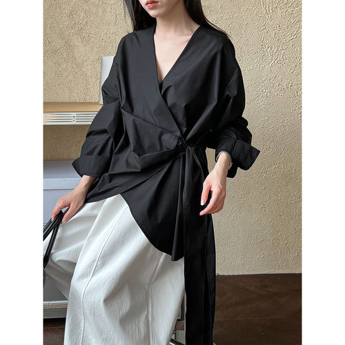 Autumn Korean irregular waist strap shirt women's casual niche design one-piece top