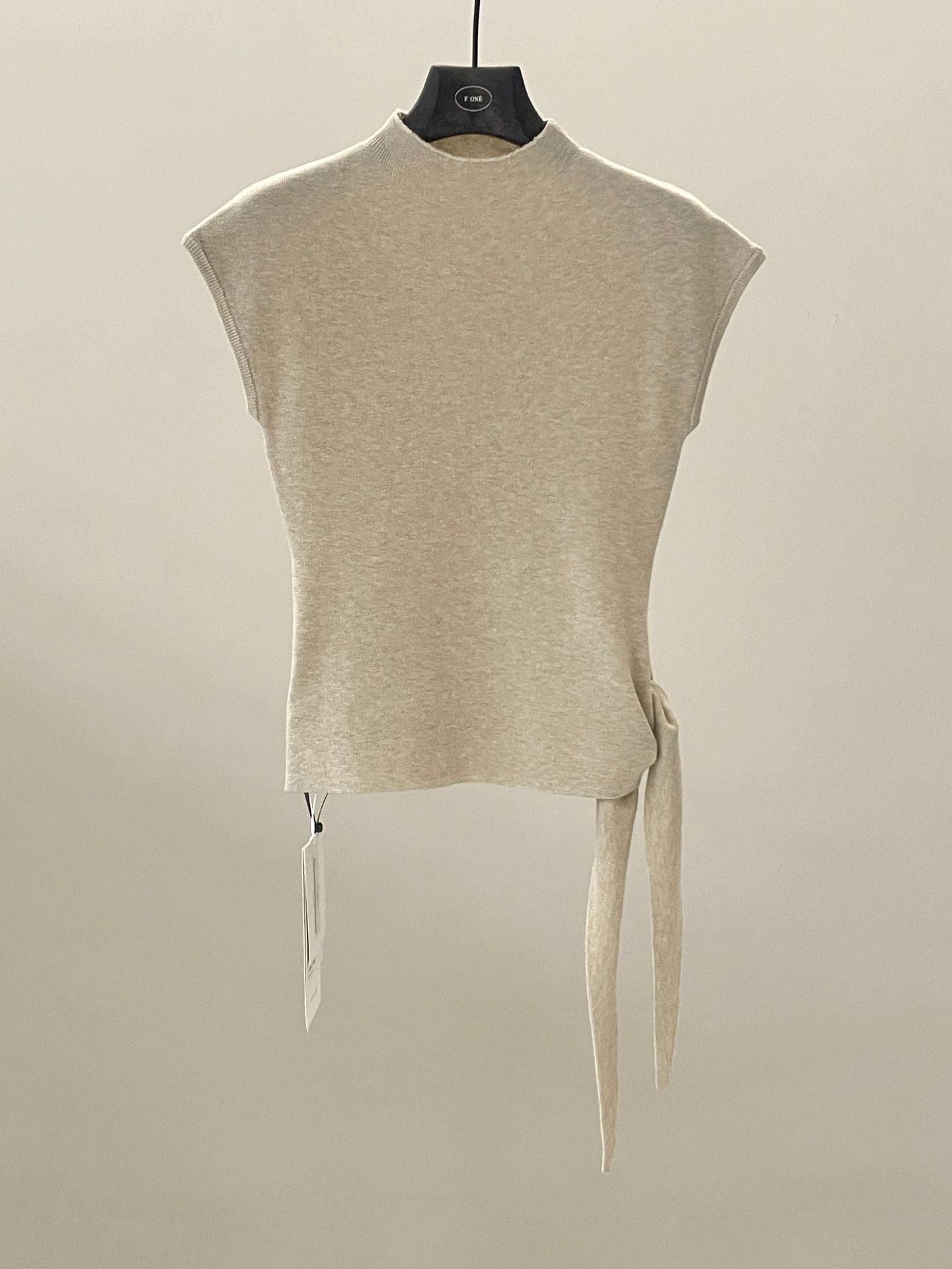 Spring minimalist style tie-up tie stand-up collar solid color knitted short-sleeved T-shirt 59027