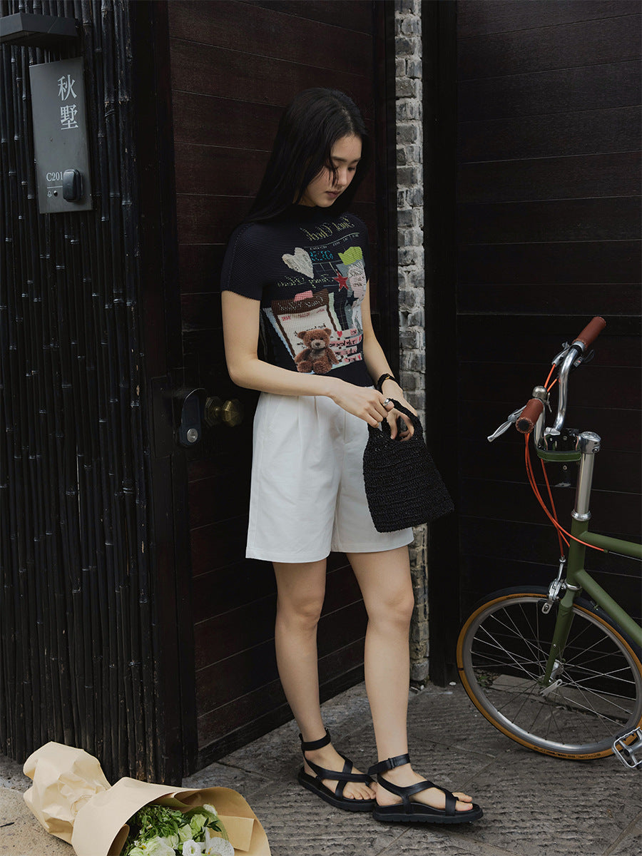 High Elasticity Fun Printing Flesh Cover Skinny Shoulder Short Sleeves