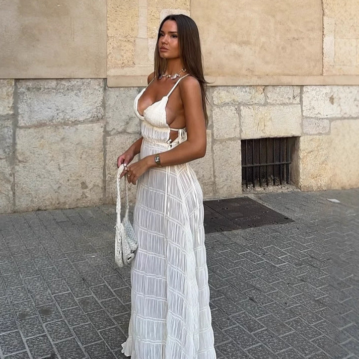 Strap pleated lace resort dress