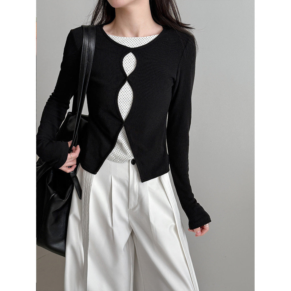 Contrasting fake two-piece splicing hollow polka dot long-sleeved T-shirt women's early spring new slim-fit knitted top