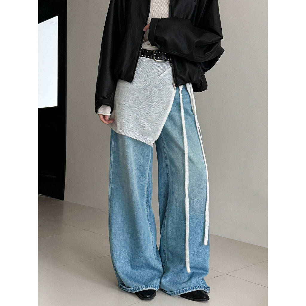 Korean version of high waist wide leg jeans women's spring loose and thin rivet belt straight mopping pants