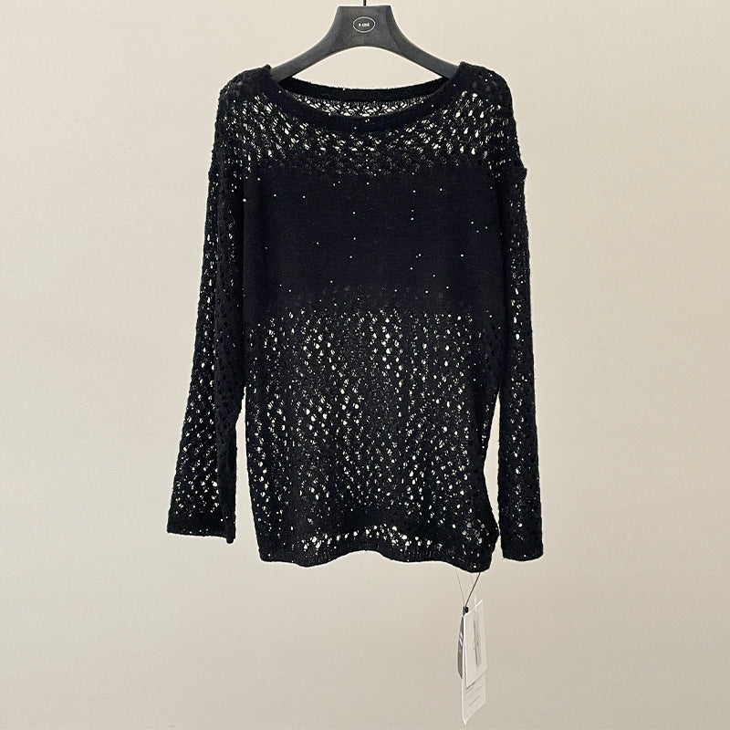 White hollow knitted sweater women's spring lazy wind loose sequined sunscreen blouse