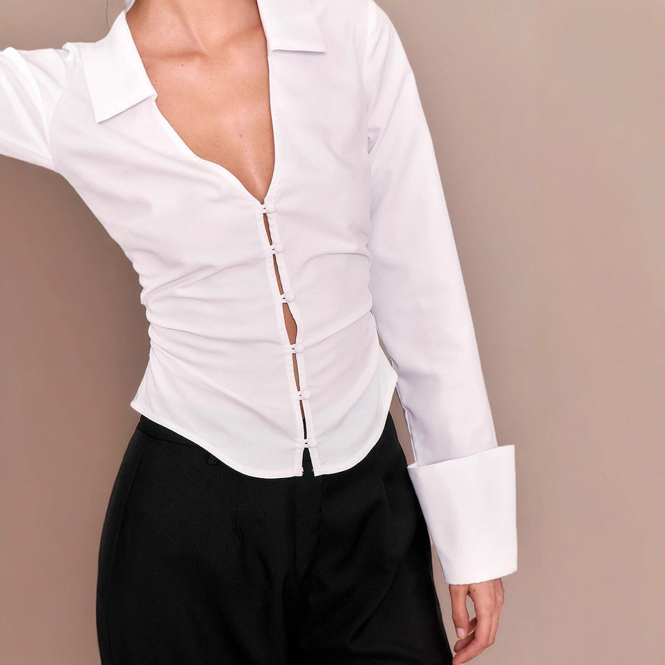 Sexy Cardigan Button Long Sleeve Shirt Waist Sexy White Top