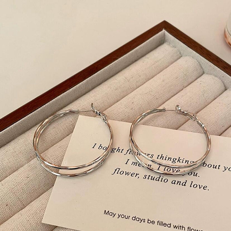 925 Silver Needle Double Layer Plain Ring Earrings Women's Premium Sense Exaggerated Large Earrings Ear Buckles Geometric Circle Earrings