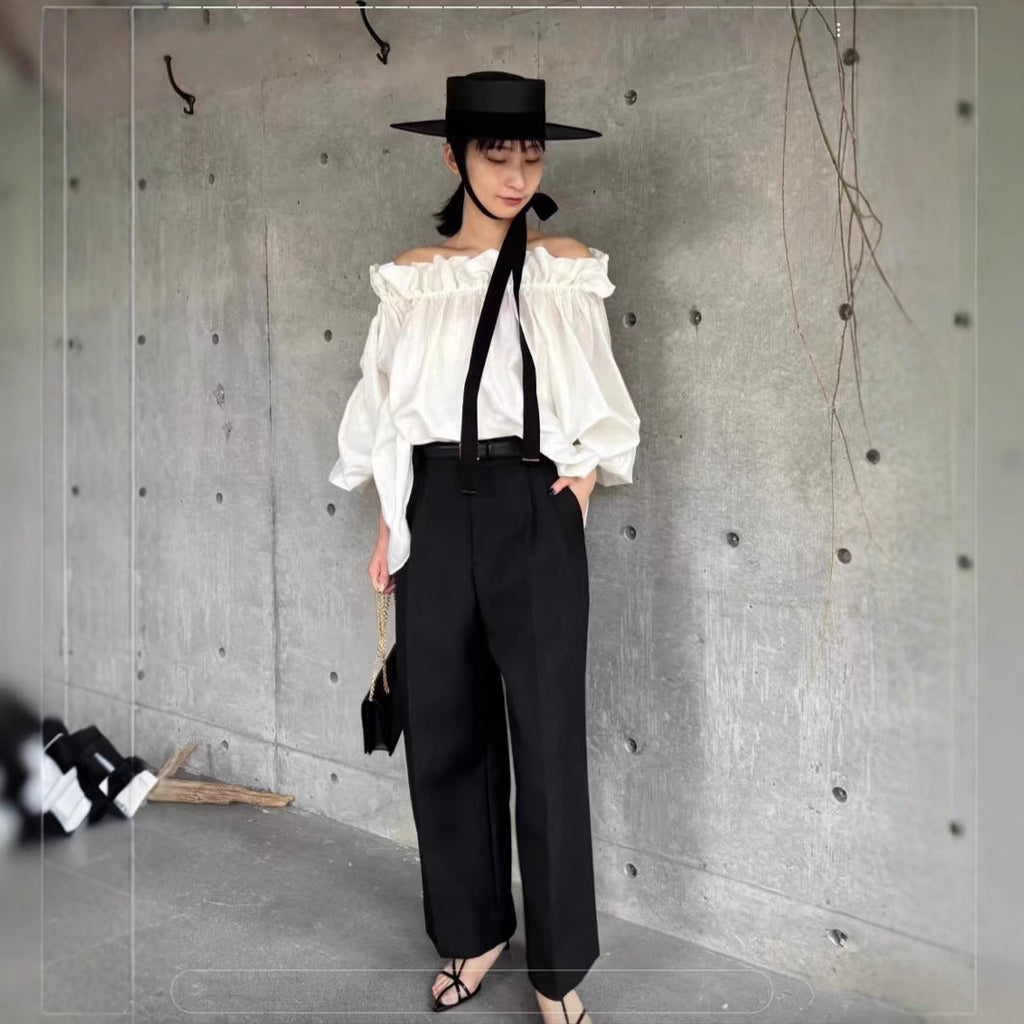 Spring and summer retro age-reducing lotus leaves, one-word shoulder collar, two tops, loose and thin casual semi-transparent shirts