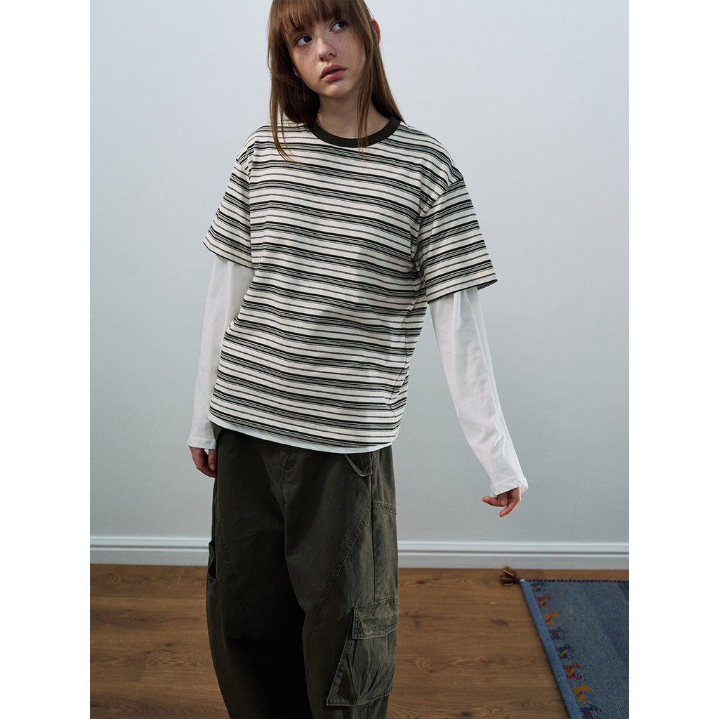 Spring new casual contrasting color crew neck striped easy versatile medium and long short-sleeved T-shirt