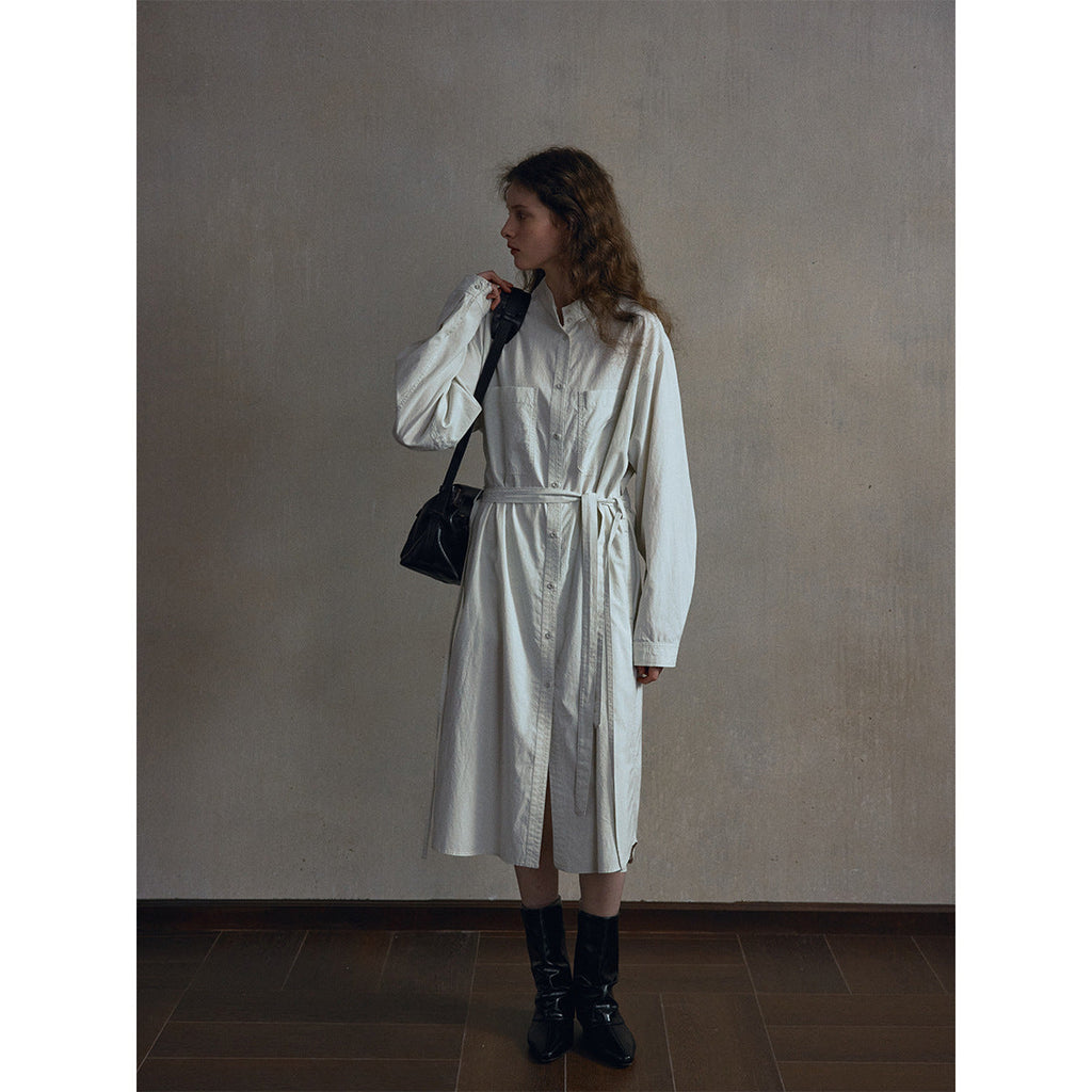 Cotton skin-friendly stand-up collar lace-up shirt dress, simple and loose coat-style long skirt