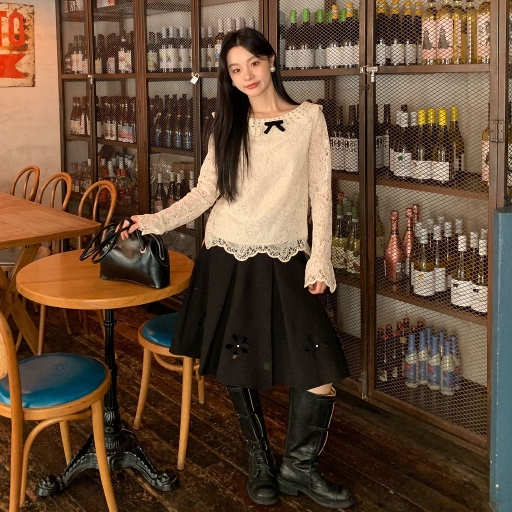 French foreign style sweet bow long sleeve hollow lace top