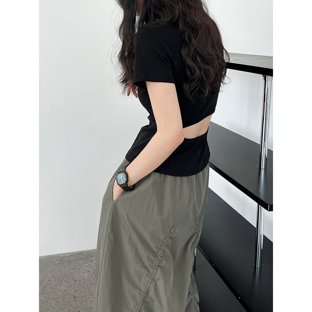 Korean version front shoulder short-sleeved T-shirt women's summer new back hollow waist round neck slim top