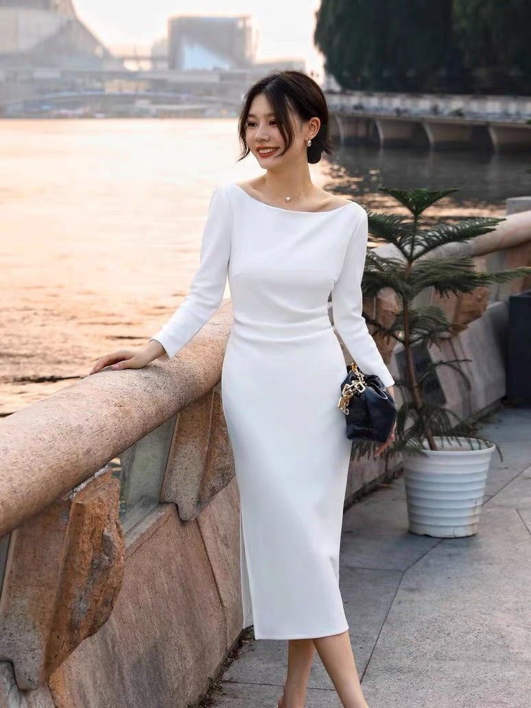 One-Shoulder Dress Women High Waist Slim Fit Pleated Bodycon Midi
