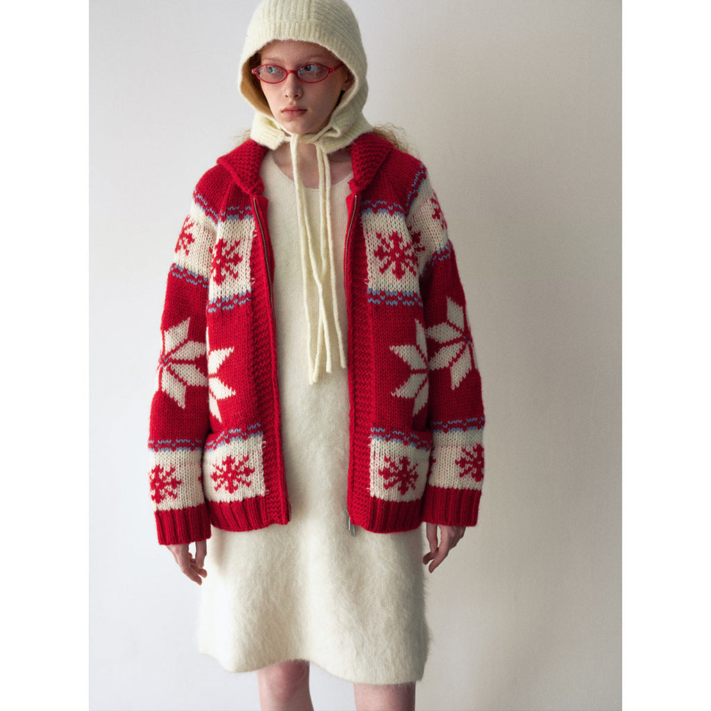 Winter casual lapel Fair Island thick needle all-wool versatile wool cardigan